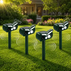 Solar Animal Repeller 4 Pack – Keep Deer, Squirrels & Raccoons Away, Motion Sensor Ultrasonic Pest Repellent with Flashing LED Light, Waterproof Solar Powered Yard Defender for Garden Lawn Patio Farm rodent repellent control device snake rechargeable